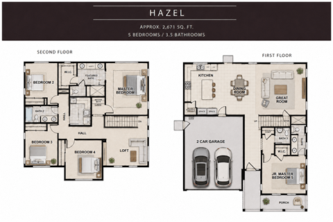 Floor plan for 5 beds, 3.5 baths, 2671 sqft
